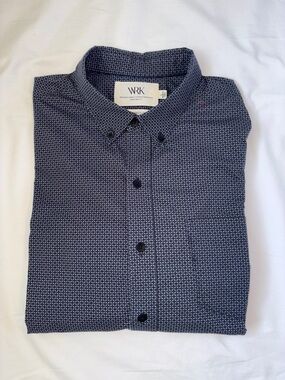 WRK The Reworked Shirt Men’s Large Blue Geometric Print Modern Fit Button Down
